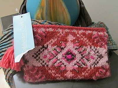 Coldwater Creek Wool pink multicolored beaded zip top pouch cosmetic bag-NWT - Image 1 of 4