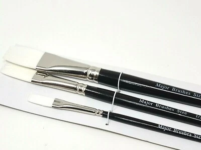 Major Brushes White Synthetic Sable Flat Tip Brush Set of 3 Water Acrylic Oil