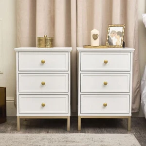 Par de Mesitas de Noche Tres Cajones Aisby Gama Blanca Muebles de Dormitorio Almacenamiento - Imagen 1 de 5