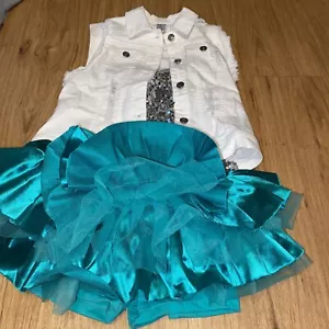 Balera 3 Piece Medium Child Dance Costume Jazz Tap Silver Sequin Aqua Skirt Vest - Picture 1 of 11
