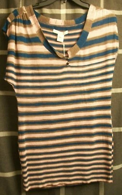 Striped Linen Modal Top Sz Medium Cap Sleeve Button Ribbed Trim Charlotte Ronson - Image 1 of 3