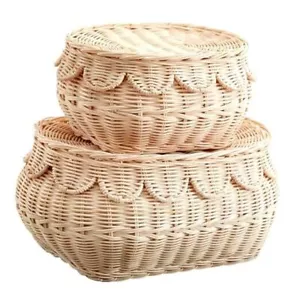 Small scalloped basket Set, Hand woven rattan basket with lid, scallop tray,  - Picture 1 of 8