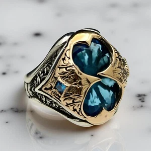 Herren Herz Aquamarin Ring 925 Sterling Silber Handarbeit Design alle Größen - Bild 1 von 7