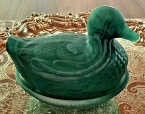 Vintage Imperial Glass Matte Emerald Green Slag Duck On Nest 4.5" L - Picture 1 of 17