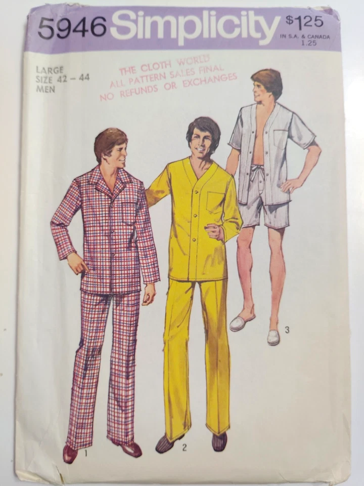Pajamas Sleep Shorts Shirt Pants Mens L 42 44 Simplicity 5946 Sewing Pattern VTG - Image 1 of 4