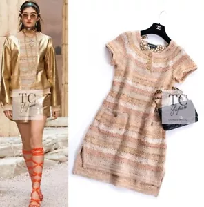 CHANEL 18C Beige Peach Cotton Linen Knit Dress COCO Buttons by Karl Lagerfeld 38 - Picture 1 of 20