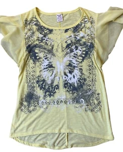 Cyber Y2K Faded Glory Top Womens Large 12-14 Yellow Butterfly Stud Cottage Fairy - Picture 1 of 6