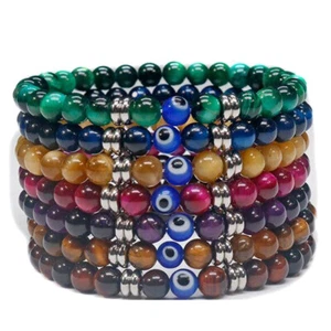 10Pcs Tiger Eye Beaded Bracelet Men Women Turkish Amulet Protection Bracelets - Picture 1 of 12