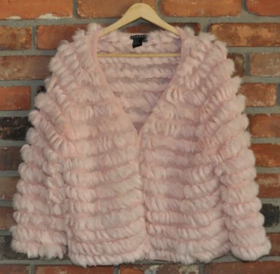 Llave inglesa mullida rosa pastel con cordón PIEL. Cárdigan abierto tejido suéter chaqueta L Foto 1 de 4