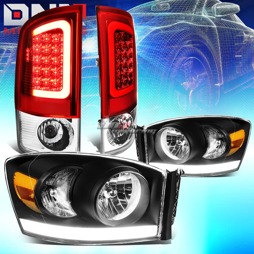 BLACK HOUSING AMBER HEADLIGHT+DRL+RED 3D LED TAIL LIGHT FIT 07-09 DODGE RAM - Image 1 of 4