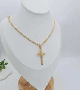 Gold Crucifix Necklace, 14k Heavy Plated Gold, 3mm Rope Chain, Mens - Picture 1 of 9