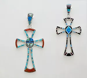 COOLER HANDGEFERTIGTER KREUZANHÄNGER IN TÜRKIS/MUTIKOLOR INLAY IN 0,925 SILBER - Bild 1 von 3