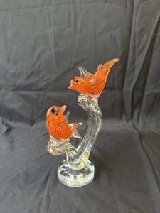 Kunstglas orange und klar Glas Goldflecken Liebe Vögel auf Sitzstange 8,5" hoch B2 - Bild 1 von 5