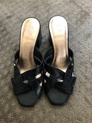 Ted Baker Black Leather X-Band Open Toe Stacked Heel Sandals Sz 39 - Image 1 of 4