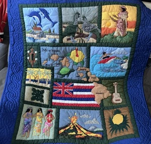 Trapunta hawaiana culla bambino coperta da parete blu bandiera tradizionale vulcano ARTE - Foto 1 di 16