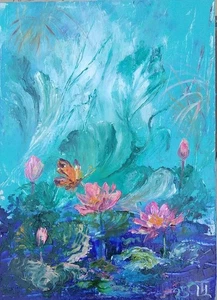 Gemälde "Lotus". Öl auf Karton. 5x7 inkl. Handarbeit. 2025. Ungerahmt. - Bild 1 von 1