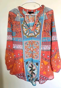 Tribal Womens Tunic Top Blouse Size L Multi color Beaded V Neck Sheer Cover Up - Picture 1 of 3