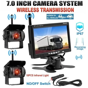 2x Einparkkameras Rückfahrkamera Funk Kabellos Mit 7 Zoll Farbig Monitor LKW BUS - Bild 1 von 8