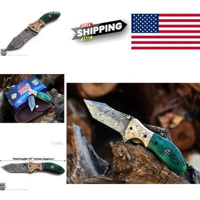 Navaja de bolsillo plegable Damasco con funda de cuero para caza y camping Foto 1 de 4
