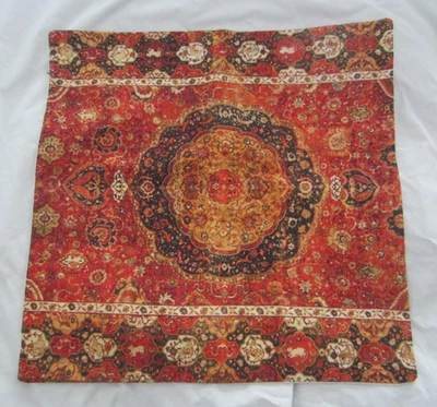 Throw Pillow Cushion Cover Boho Faux Tapestry 17"x17 Orange Dark Blue Home Decor - Image 1 of 4