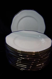 PIRKENHAMMER CARLSBAD COBALT BLUE & GOLD TRIM ON WHITE 12 DINNER PLATES 10" - Picture 1 of 6