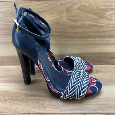 Tory Burch Carlissa Tacones Trenzados Mujer 6.5 M Azul Marino Rojo Blanco Correa al Tobillo Foto 1 de 4