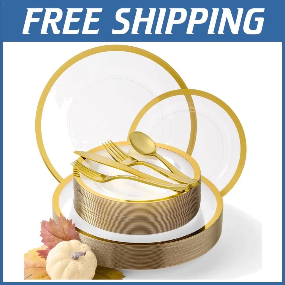 Juego de vajilla de peso pesado transparente y dorado para 25 invitados Foto 1 de 4