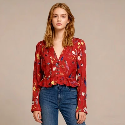 Blusa corta floral roja plisada The Kooples talla 1 manga larga nueva sin etiquetas Foto 1 de 4