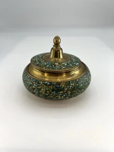 Lidded Brass Round Jar Turquoise Stone Mosaic Pattern Ornate Trinket Box - Picture 1 of 9