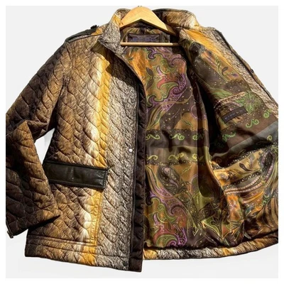 ETRO 100% 真丝佩斯利羽绒服 L 棕色皮革装饰绗缝豪华 F/S — 第 1/4 张图片