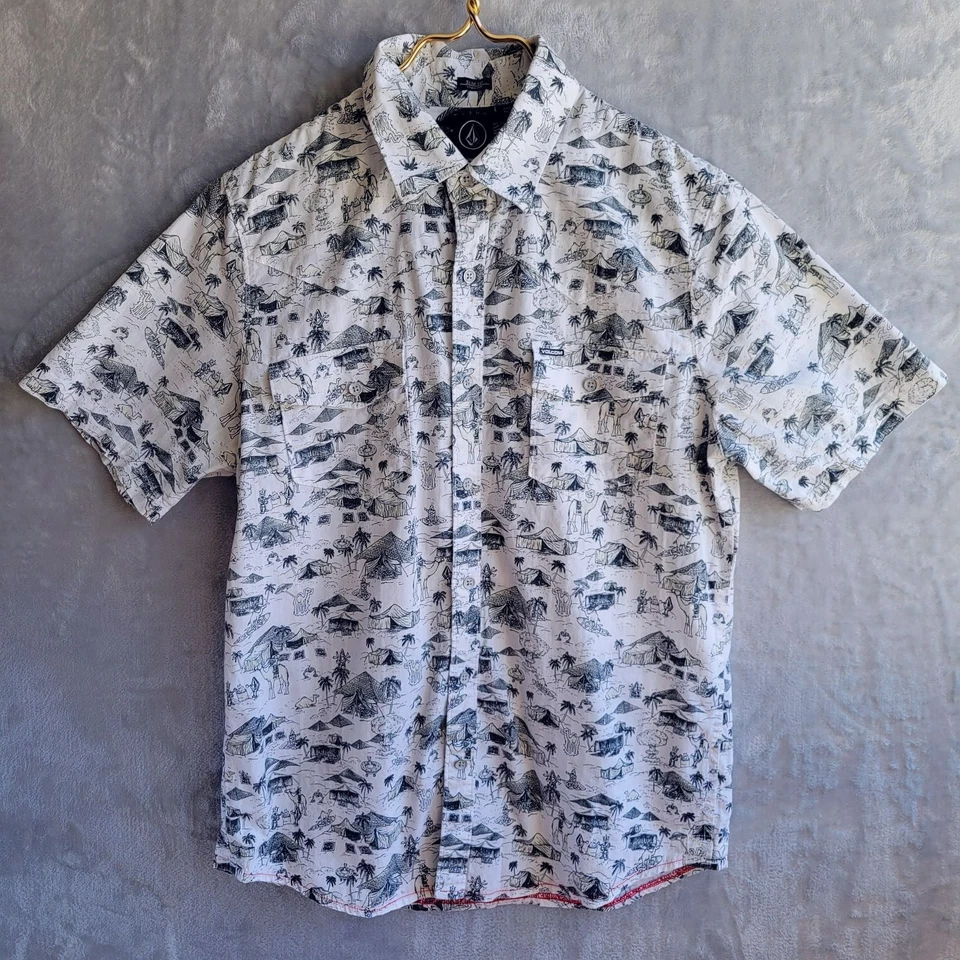VOLCOM White Cairo Print Button Down Shirt Size M Cotton Slim Fit Skater - Image 1 of 4