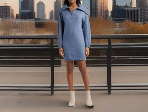 All In Favor Women’s Size Medium Zip Collar Long Sleeve Mini Sweater Dress. Blue - Picture 1 of 7