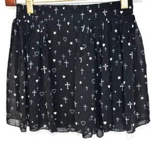 Goth Black Mini Skirt Grunge Y2K Punk Vtg Flutter Cross Heart 26 S Chiffon - Picture 1 of 3