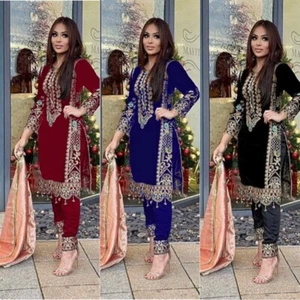 Pakistanische Salwar Kameez fertige Damen-Winterkleidung Samt Kurta Palazzo Dupatta - Bild 1 von 11