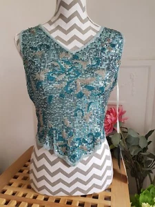 Vintage Aftershock Blue Silk Embellished Top, Detail UK Size 10 New Sequin Beads - Picture 1 of 14
