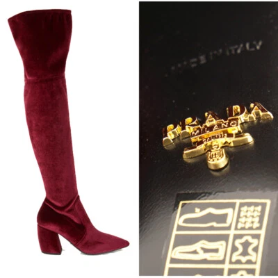 talla 37.5 NUEVO $1100 PRADA Rojo TERCIOPELO ELÁSTICO OTK Punta Ajustada Sobre la Rodilla BOTAS Foto 1 de 4