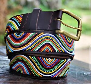 Rainbow wavy shape Handmade masaai maasai beaded leather belt with freeshipping