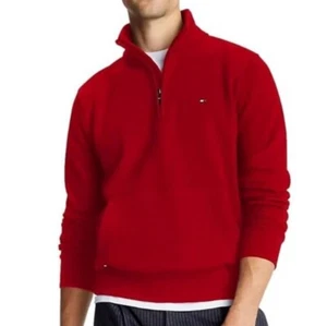 XL Rojo Tommy Hilfiger Para Hombre Sólido Cuarto Cremallera Sudadera Suéter Bolsillos Otoño Wi - Imagen 1 de 12