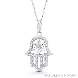 Hamsa Hand Star of David Simulated Tourmaline CZ Crystal 14k White Gold Pendant - Picture 1 of 1