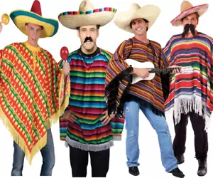 Costume messicano da uomo donna adulti poncho bandito abito western selvaggio - Foto 1 di 3
