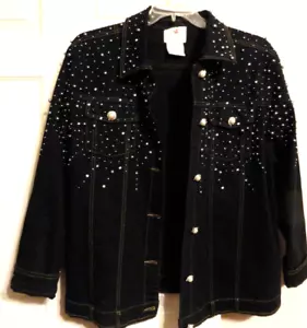 Quacker Factory 1X Giacca di jeans nera impreziosita da strass e perle argento - Foto 1 di 3
