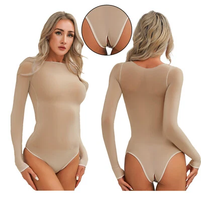 Women See-Through Long Sleeve Bodysuit Regular/Crotchless Jumpsuit Nightwear - Image 1 of 4