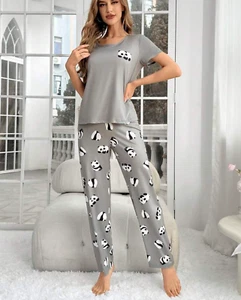 PANDA Women's Ladies Pyjamas PJs Gift Novelty Size 8 10 12/14 16 grey - Picture 1 of 8