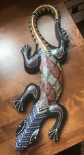 Art Figure Aboriginal Gecko Lizard Wooden Wall Hanging Dot Painted Indonesia