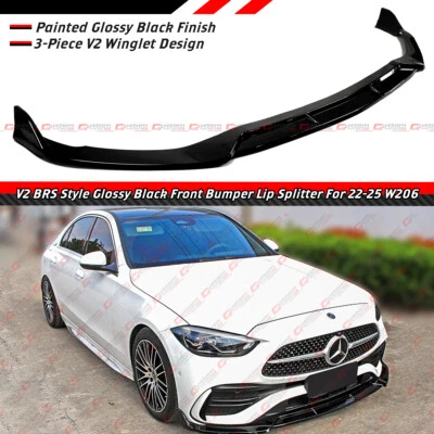 For 22-25 Mercedes Benz W206 C300 C43 AMG V2 B Style Gloss Blk Front Bumper Lip - Image 1 of 4