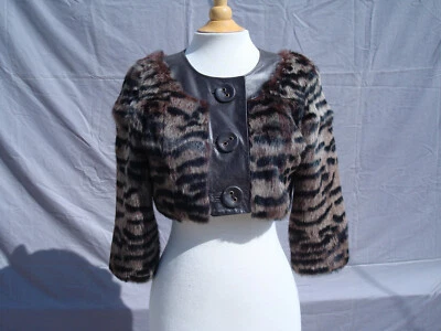 Chaqueta Abrigo Corto Bebe Estampado Tigre Marrón Piel de Conejo Cuero Genuino Mujer Busto S Foto 1 de 4