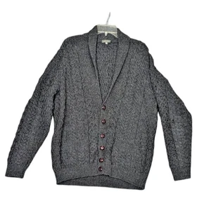 Carraig Donn Pullover Herren Large grau Wolle Aran Zopfmuster Strickjacke Irland Fischer - Bild 1 von 7