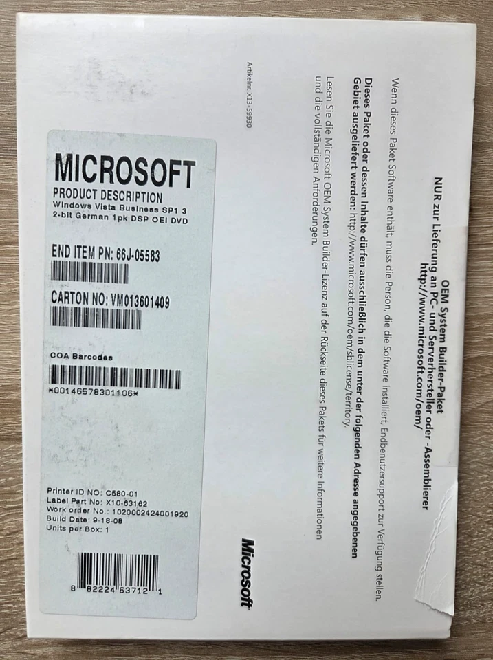 Microsoft Windows Vista Business SP1 32-bit German | 66J-05583 | OVP Neu - Bild 1 von 3