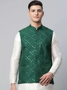 Men's Green Mirror Work Nehru Jacket – Wedding Wear, Embroidered, Size M, Sale - Picture 1 of 7