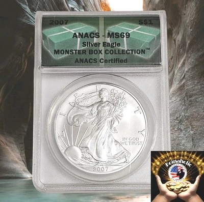 2007 $1 American Silver Eagle  ANACS MS69 Monster Box Green Label Collection  - Image 1 of 4